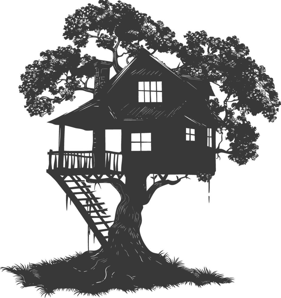 Silhouette Tree house black color only vector