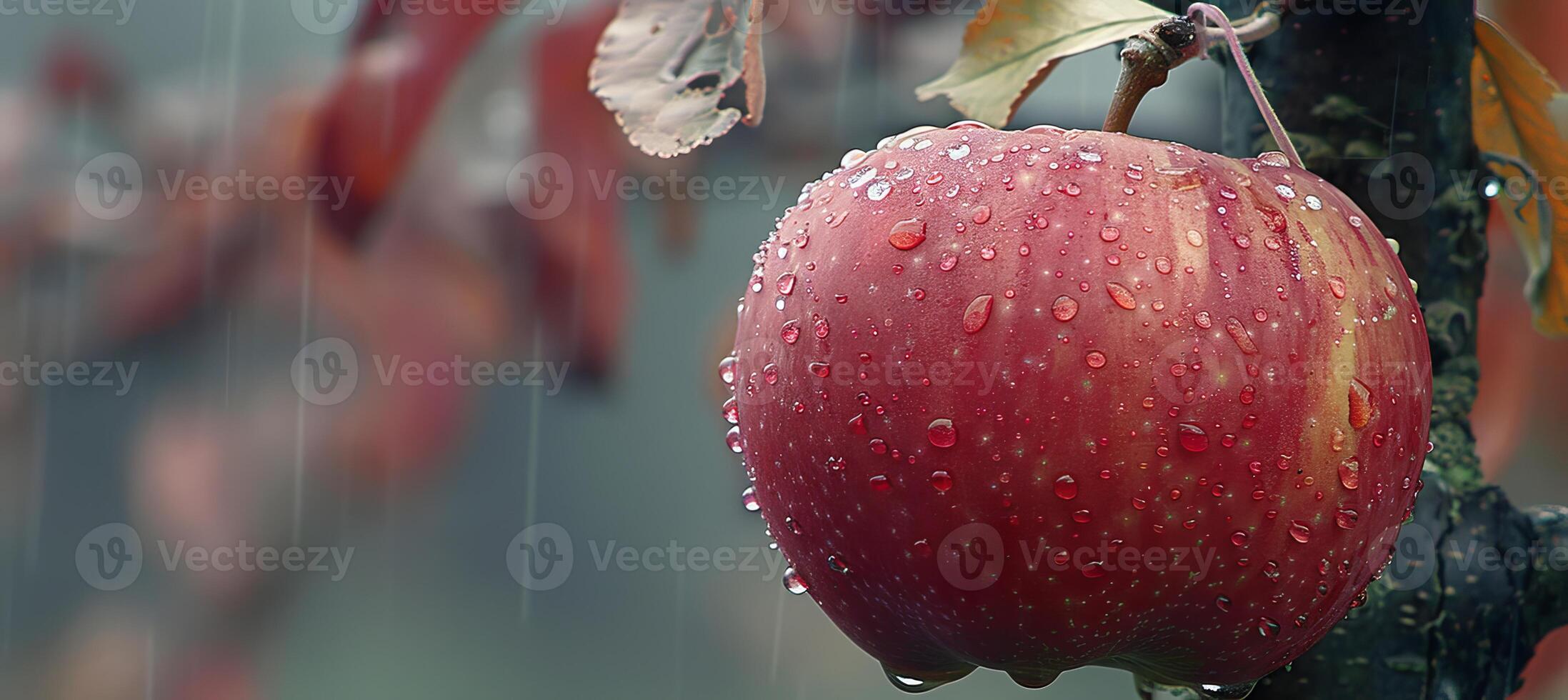 Macro close up fresh apple with dew, hanging on tree, wide banner with copy space photo