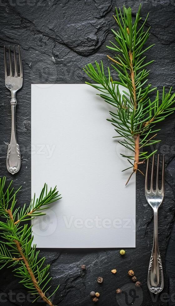 Luxurious fine dining table setting with elegant menu card mockup for weddings and romantic events photo