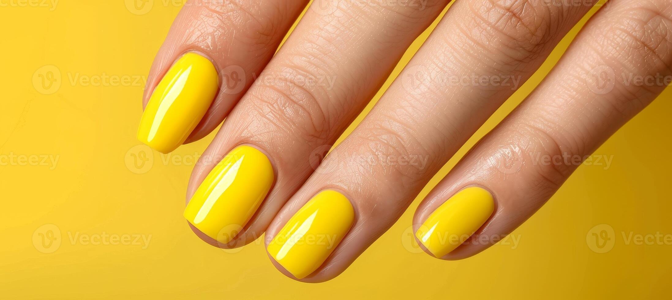 Closeup of elegant woman s hand featuring vibrant yellow nail polish on fingernails photo