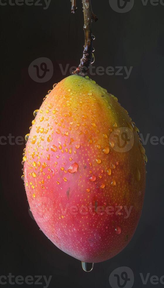 Fresh mango fruit with water drops on tree, suitable for wide banner with text space photo