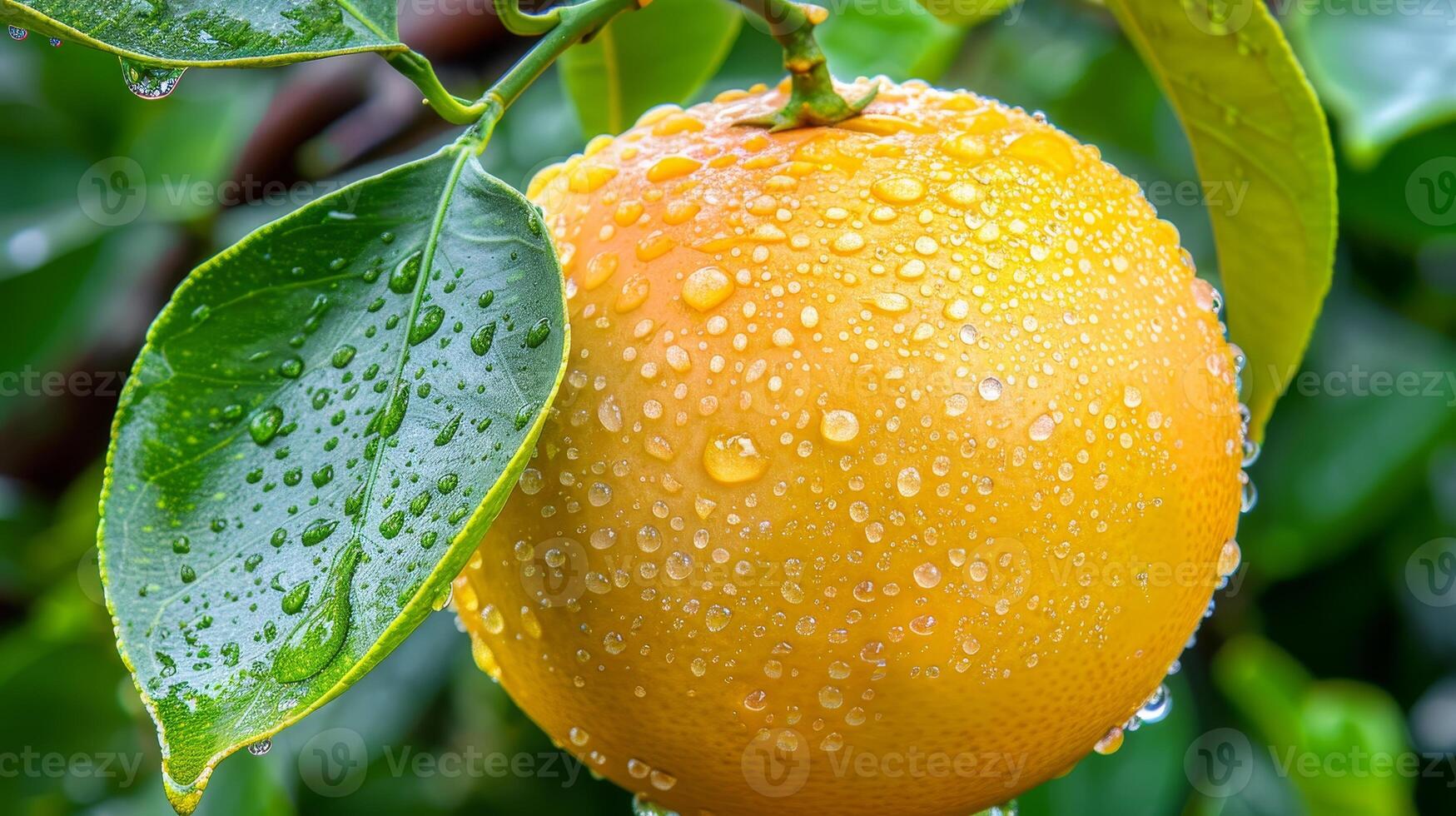 Ripe pomelo fruit with dew drops on tree, ideal as wide banner with ample space for text placement photo
