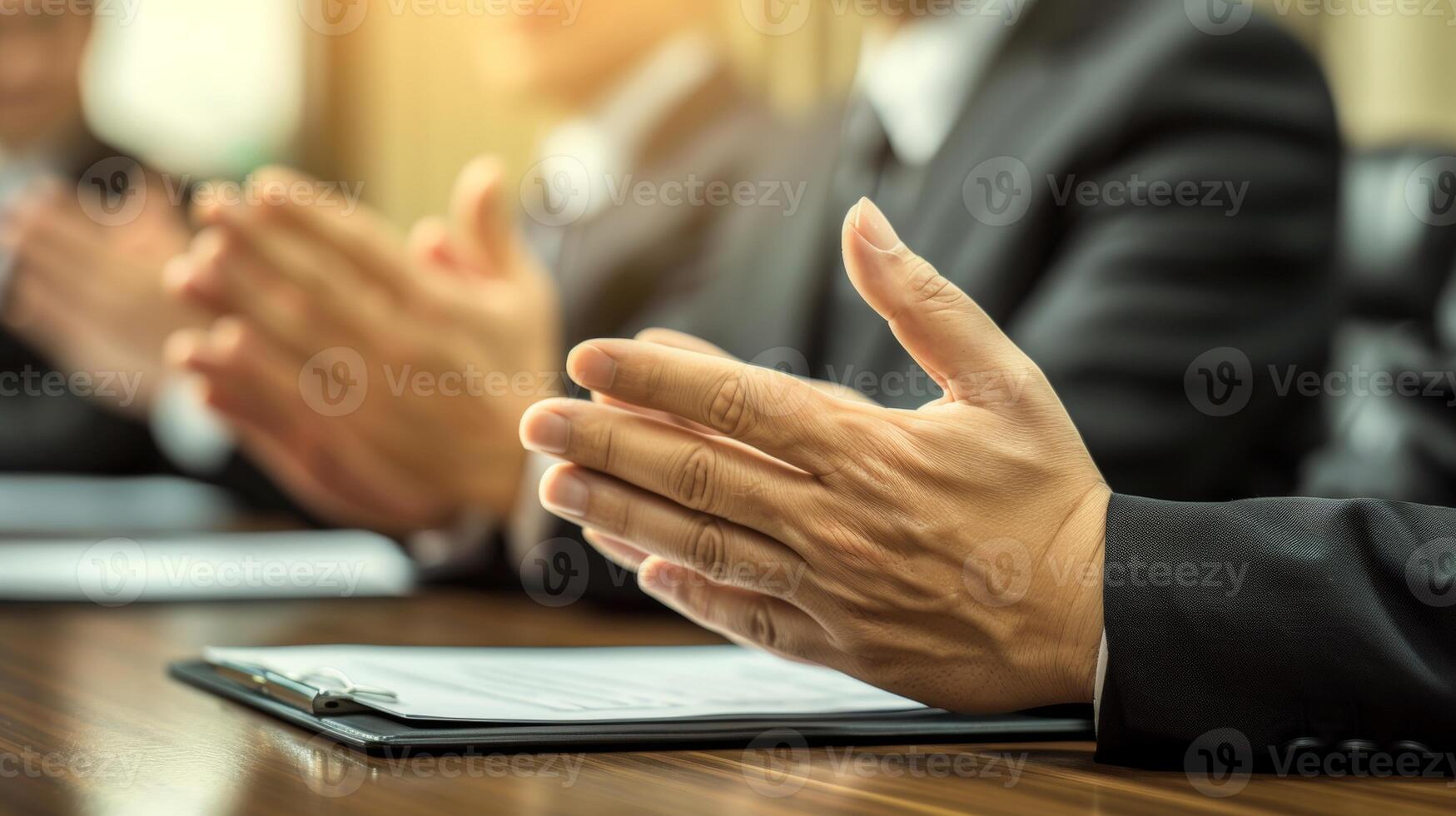 Multicultural business professionals applauding at diverse team meeting with enthusiasm photo