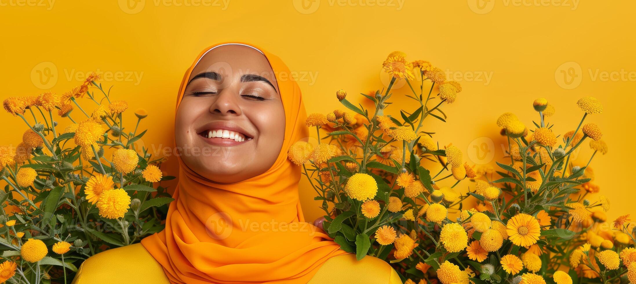 Stylish hijab woman in vibrant modest fashion photoshoot for trendy arab women, dynamic wide banner photo
