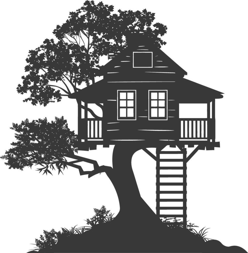 Silhouette Tree house black color only full vector