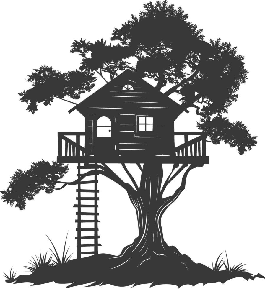 Silhouette Tree house black color only vector