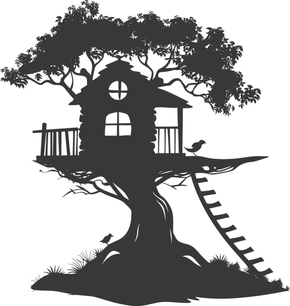 Silhouette Tree house black color only vector