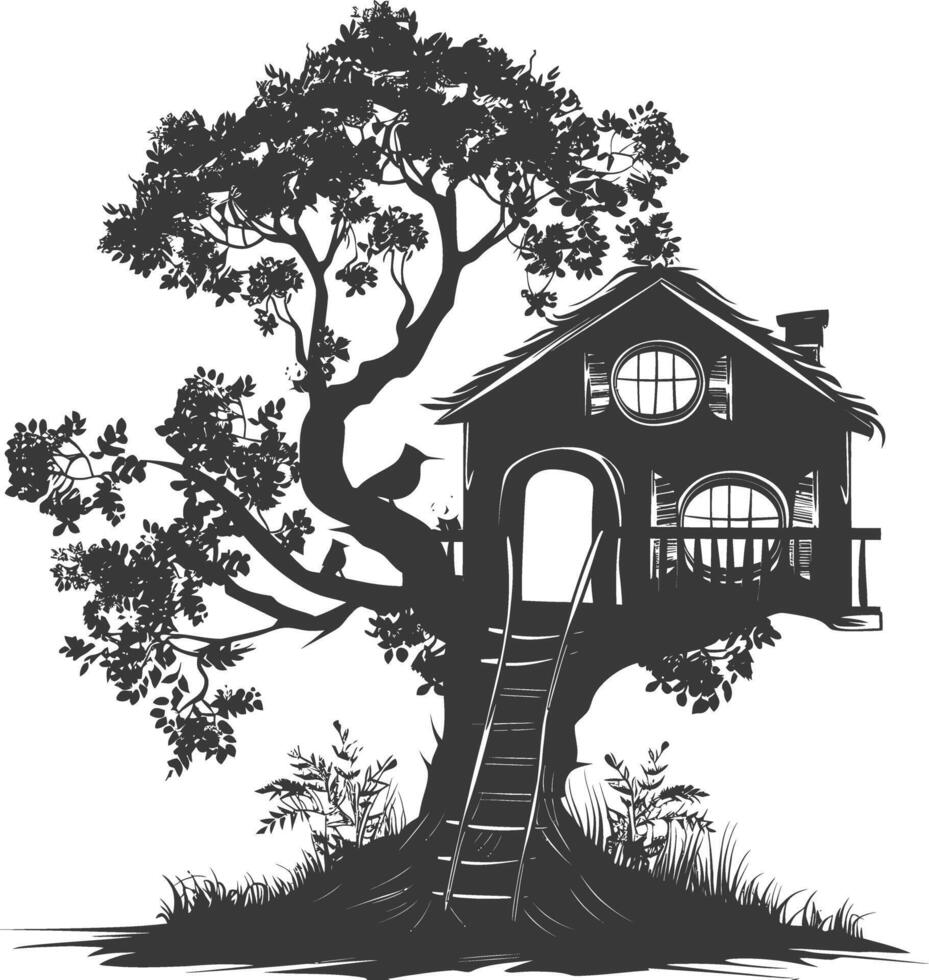 Silhouette Tree house black color only vector