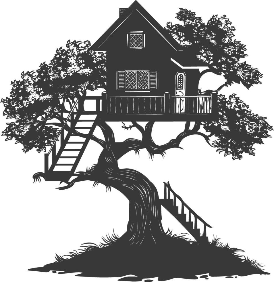 silueta árbol casa negro color solamente vector