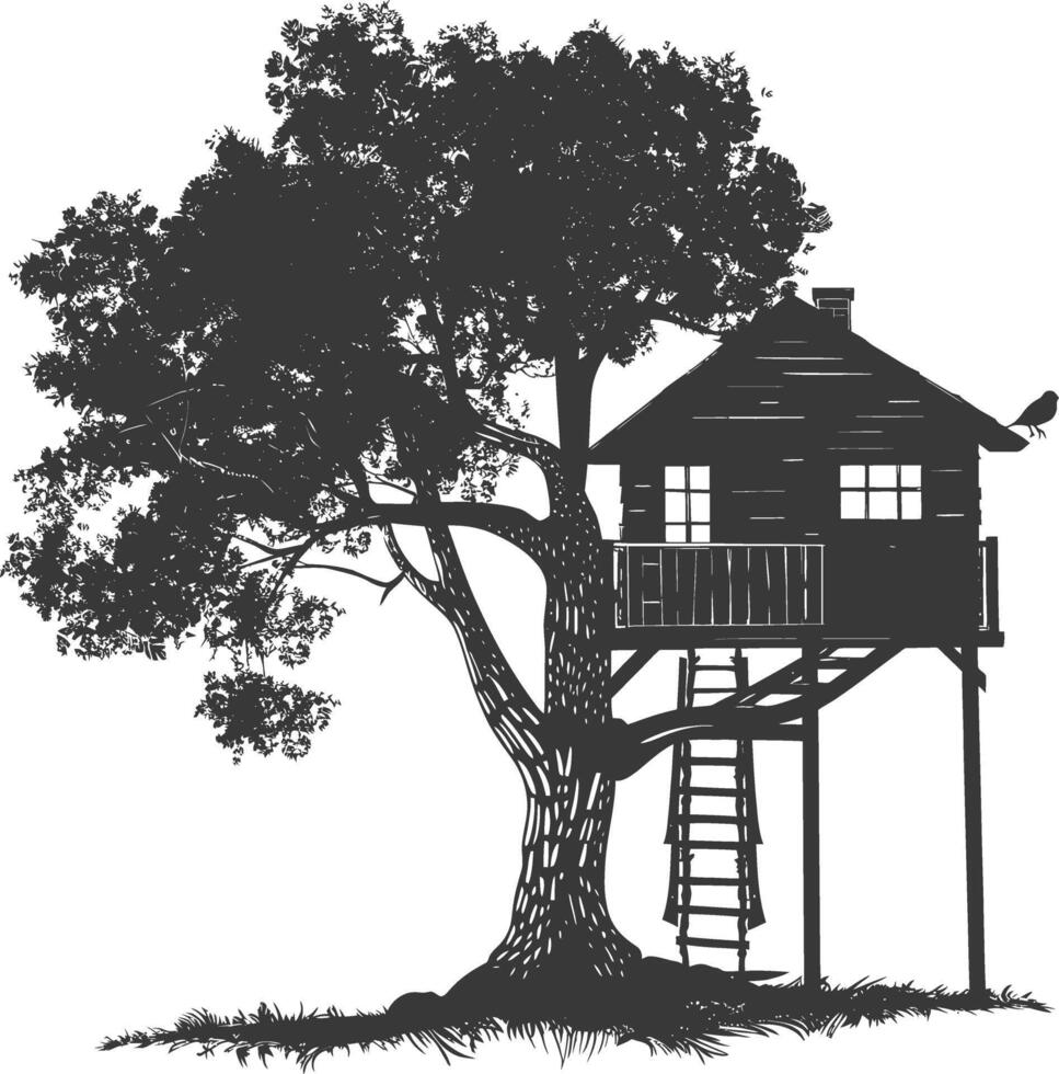 Silhouette Tree house black color only vector