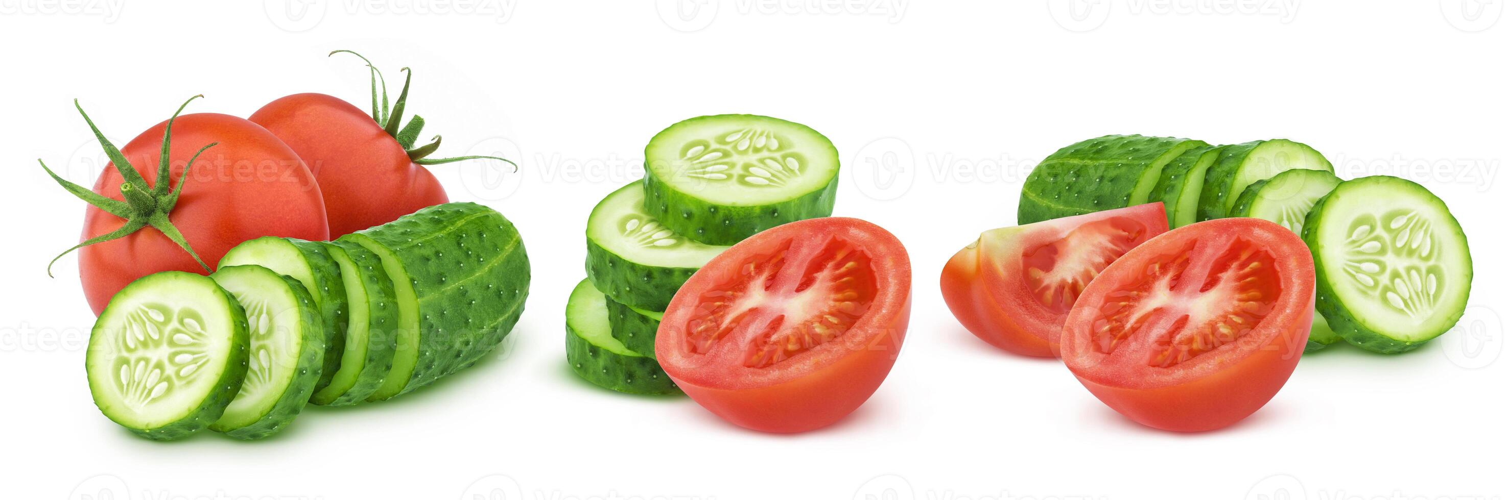 Fresh tomato and sliced cucumber isolated on white background photo