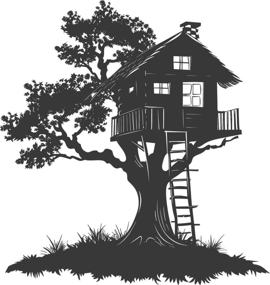 Silhouette Tree house black color only vector