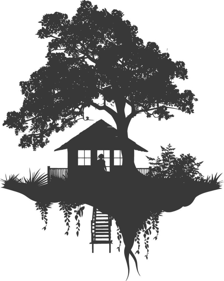 Silhouette Tree house black color only vector