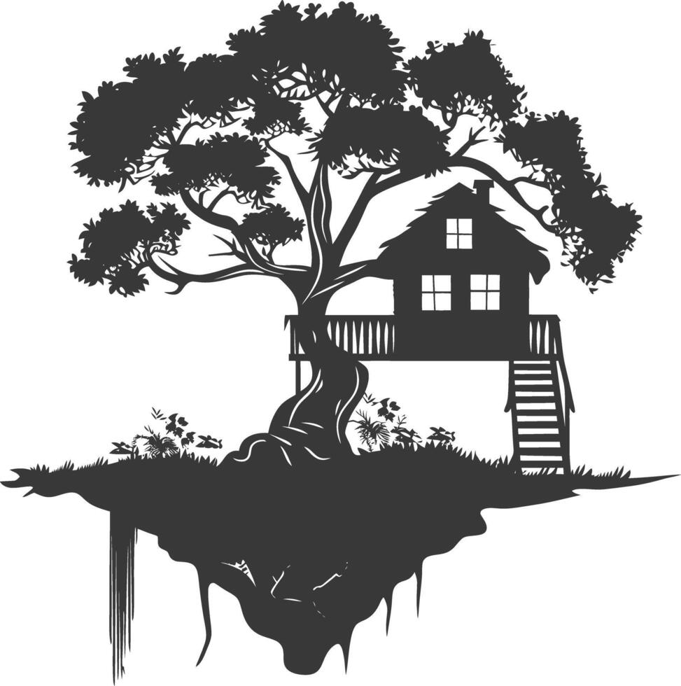 Silhouette Tree house black color only vector