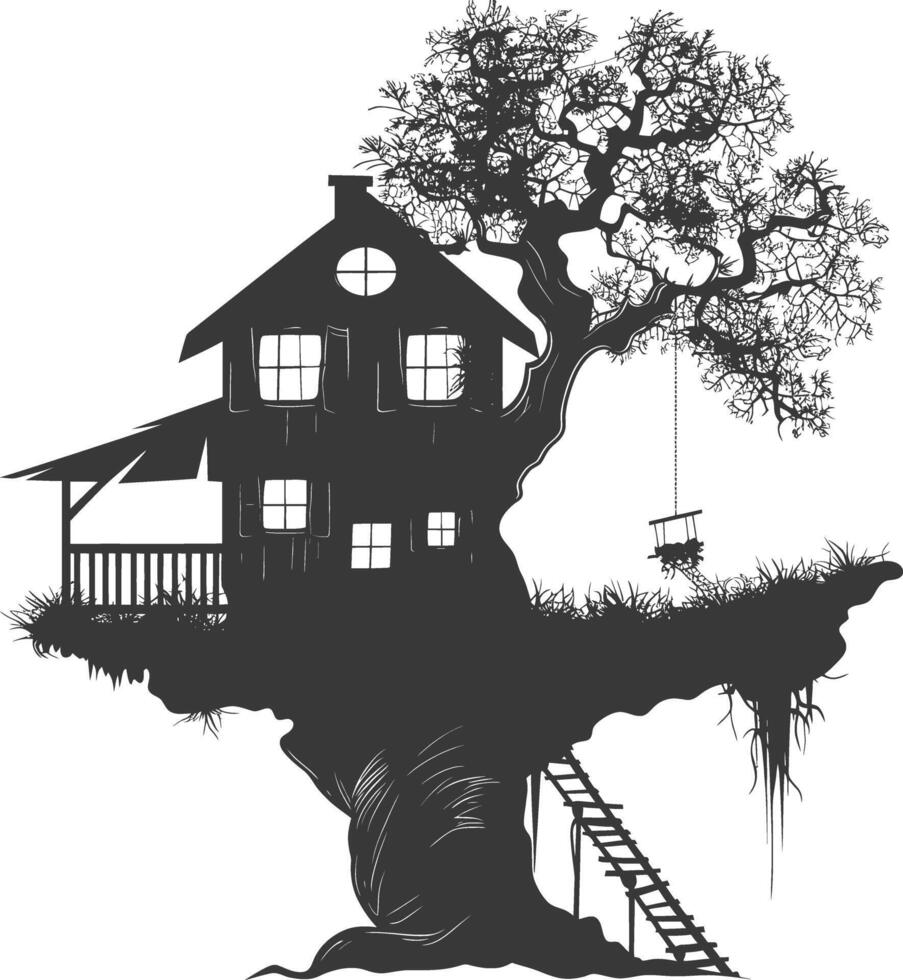 silueta árbol casa negro color solamente vector