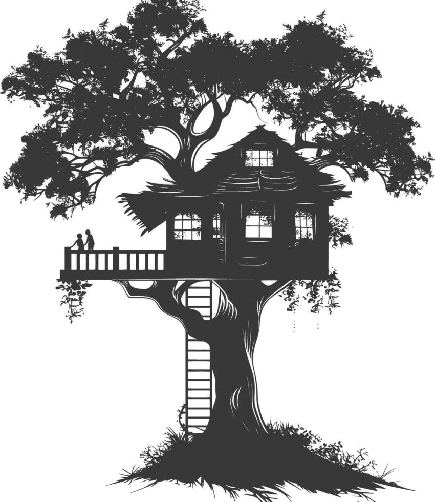 Silhouette Tree house black color only vector