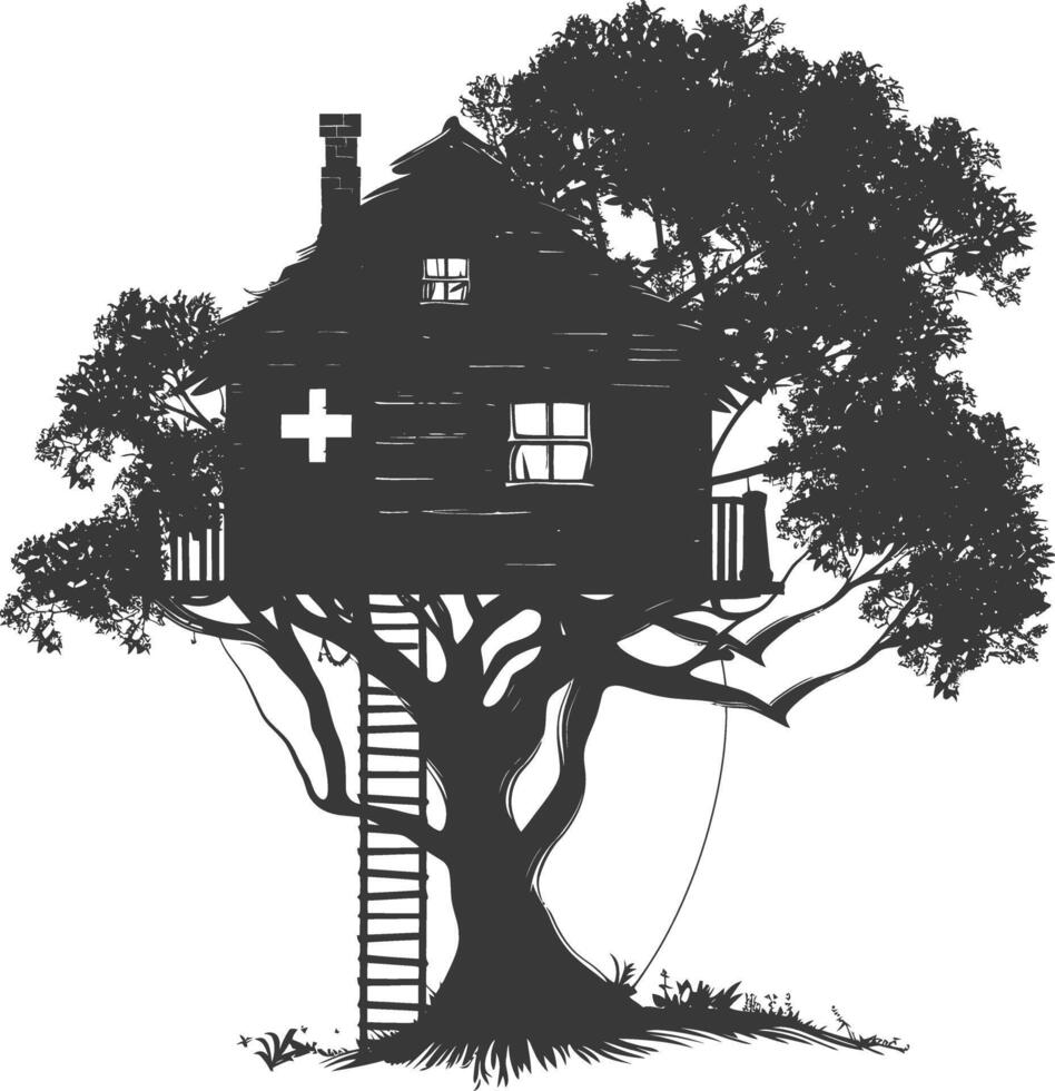 silueta árbol casa negro color solamente vector