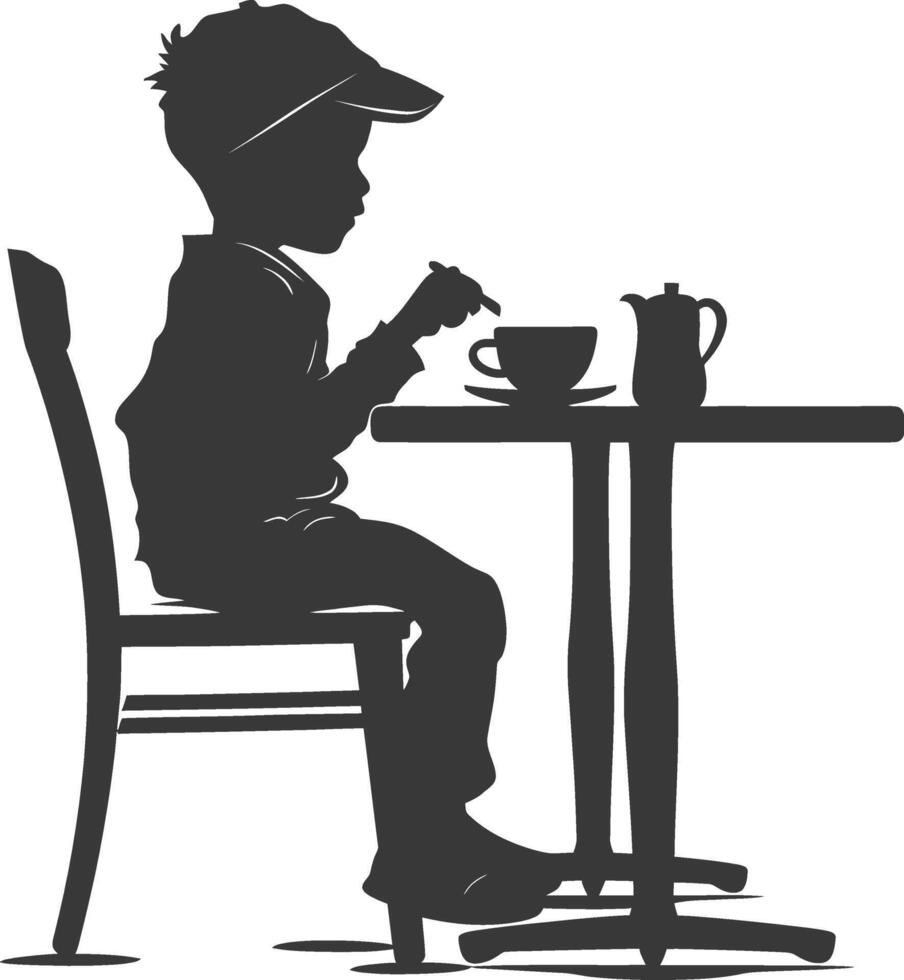 Silhouette little boy sitting at a table in the cafe black color only vector