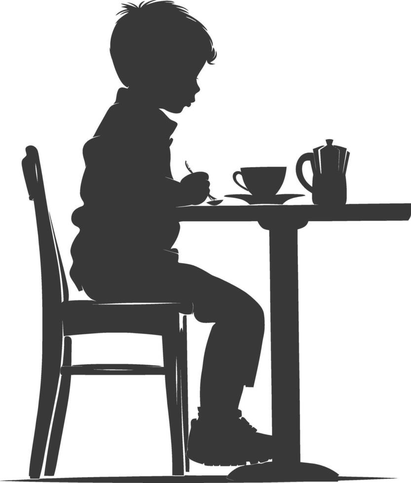 Silhouette little boy sitting at a table in the cafe black color only vector