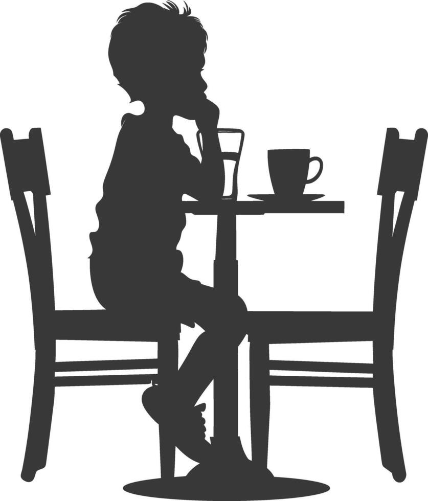 silueta pequeño chico sentado a un mesa en el café negro color solamente vector