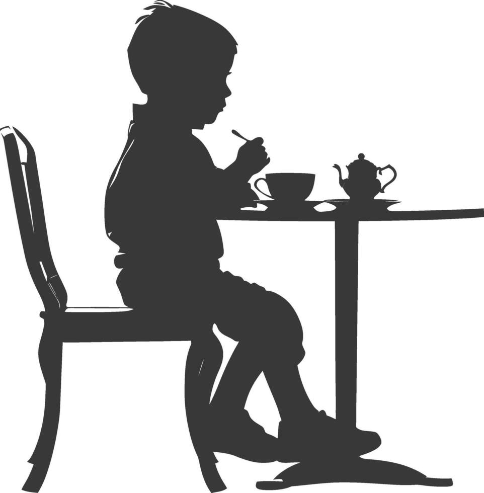 Silhouette little boy sitting at a table in the cafe black color only vector