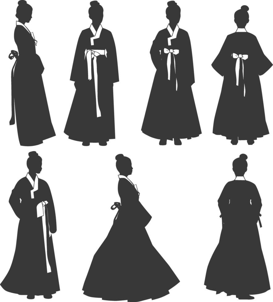 silueta independiente coreano mujer vistiendo hanbok negro color solamente vector