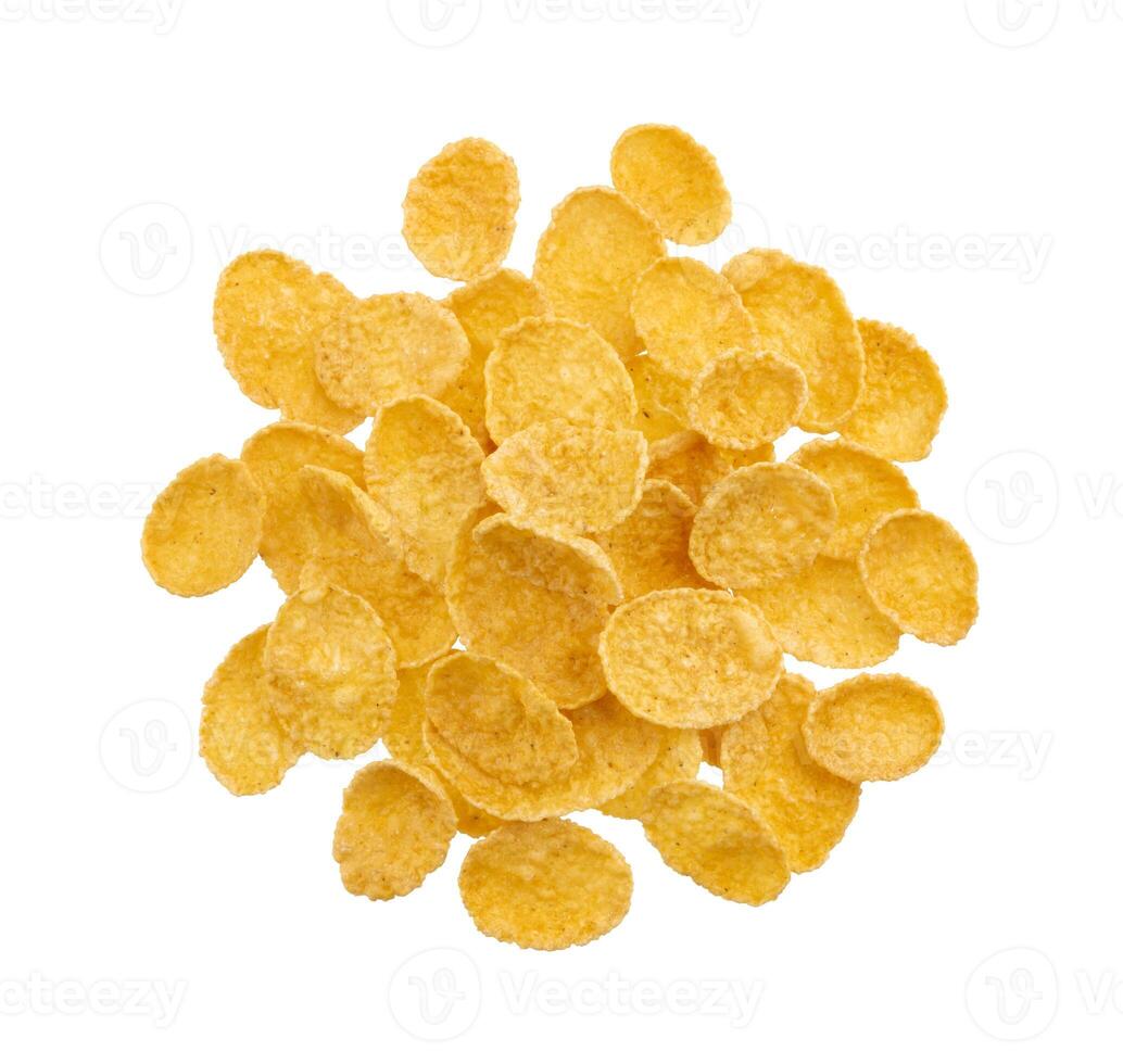 Heap of corn flakes in bowl isolated on white background photo