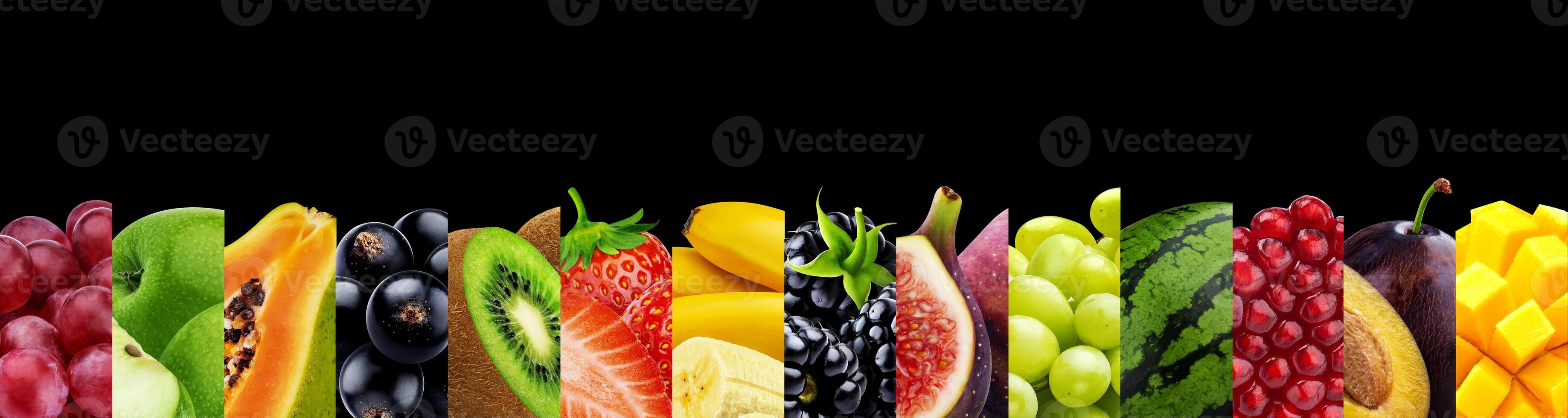 Collage of fruits isolated on black background with copy space photo