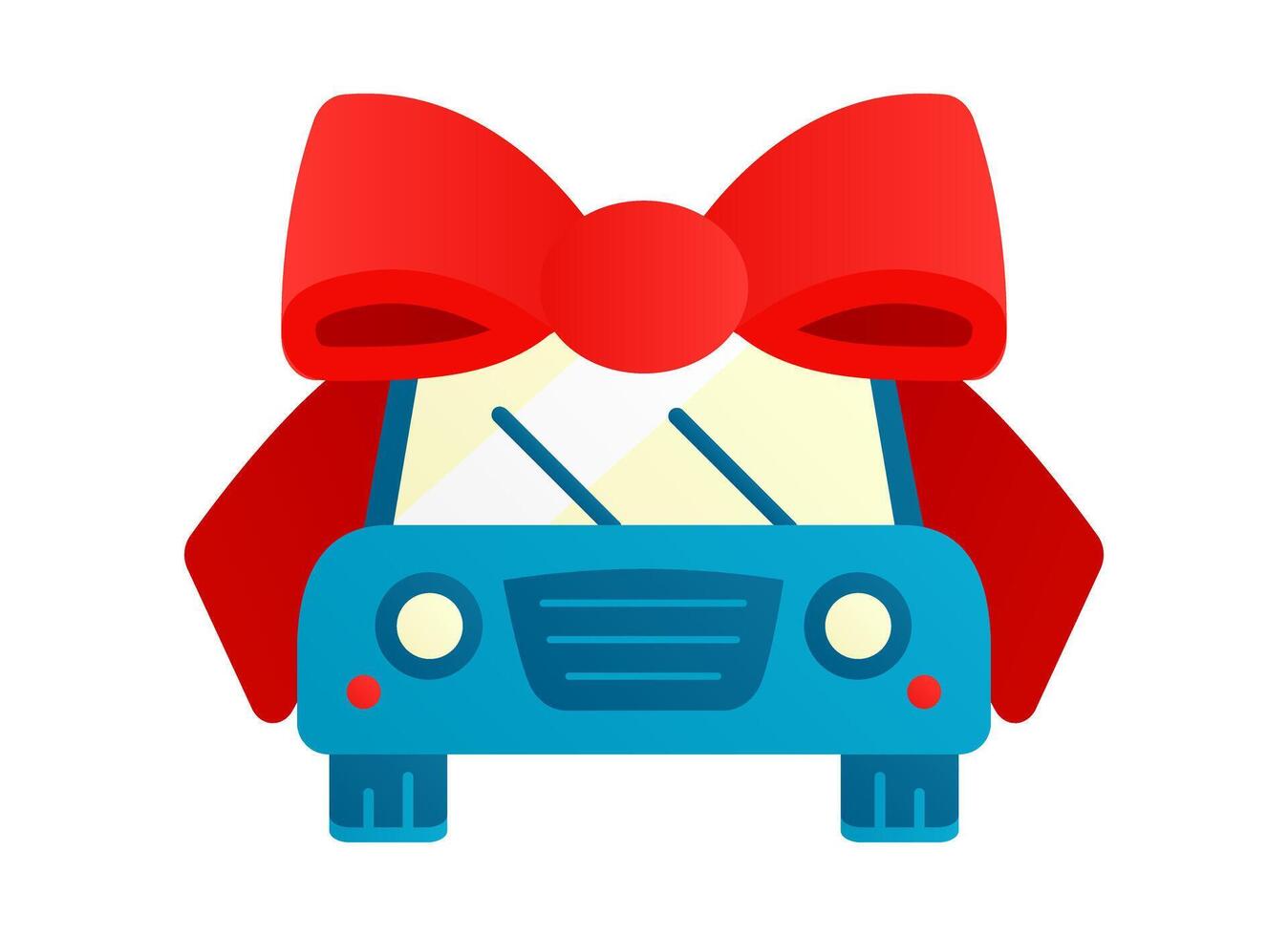 coche como un regalo. atado con rojo arco en azul auto. frente ver de personal transporte en ruedas sorpresa automóvil. cuatro ruedas autocar. limpiaparabrisas, faros plano diseño. aislado. ilustración vector