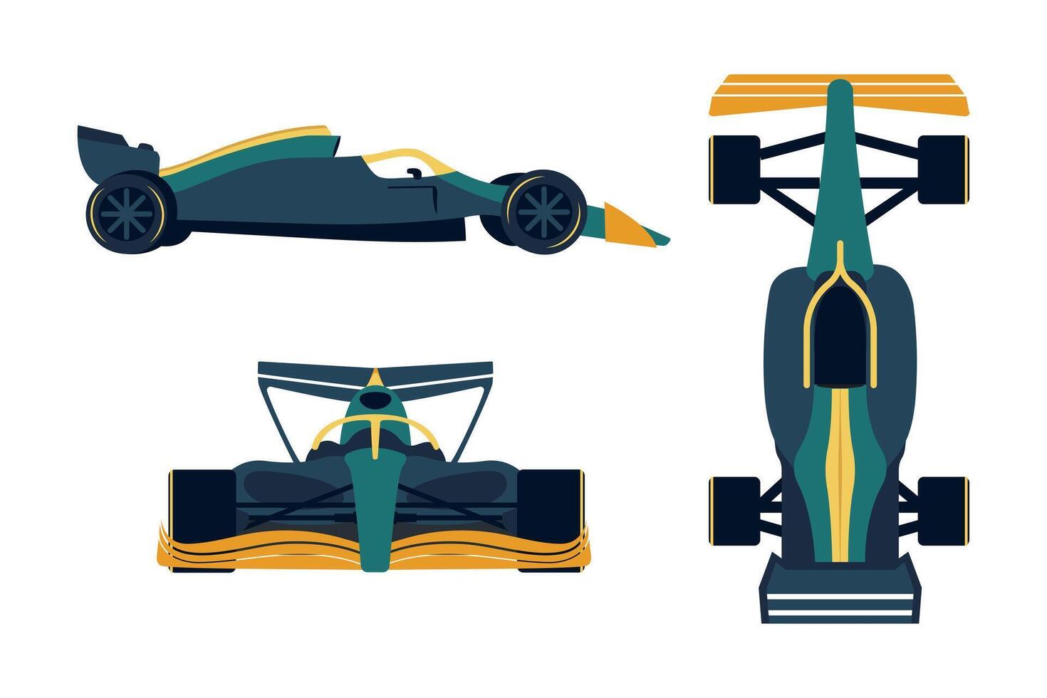 Three views of Formula 1 racing car - side, top, front. Transport of extreme sports. Fast vehicle on four wheels. Championship. Model of car. Flat style. Color image. Isolated. illustration vector