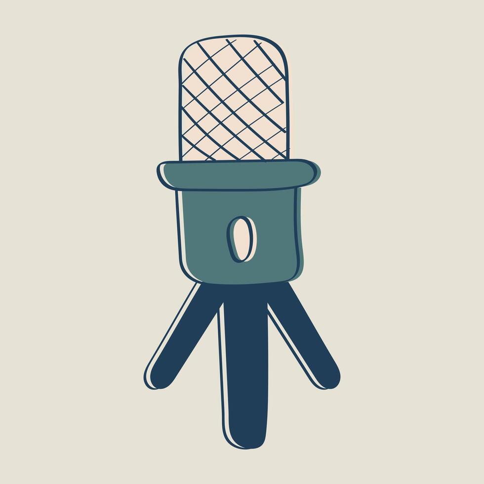 Studio Microphone Desktop for podcasts, streaming. Equipment for dubbing, voice recording. Professional Technology. Mic with three-legged stand. Doodle. Drawn color outline image. illustration vector