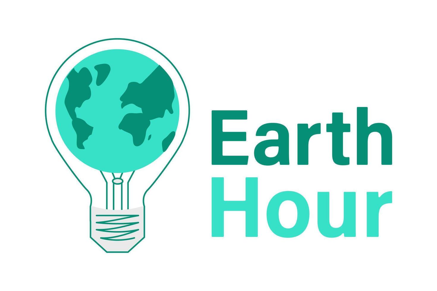 Planet in electric lamp. Earth Hour card. Silhouette of Globe in contour light bulb. Turn off electricity temporarily. Ecological event. Festive text. Flat design. Color image. illustration. vector