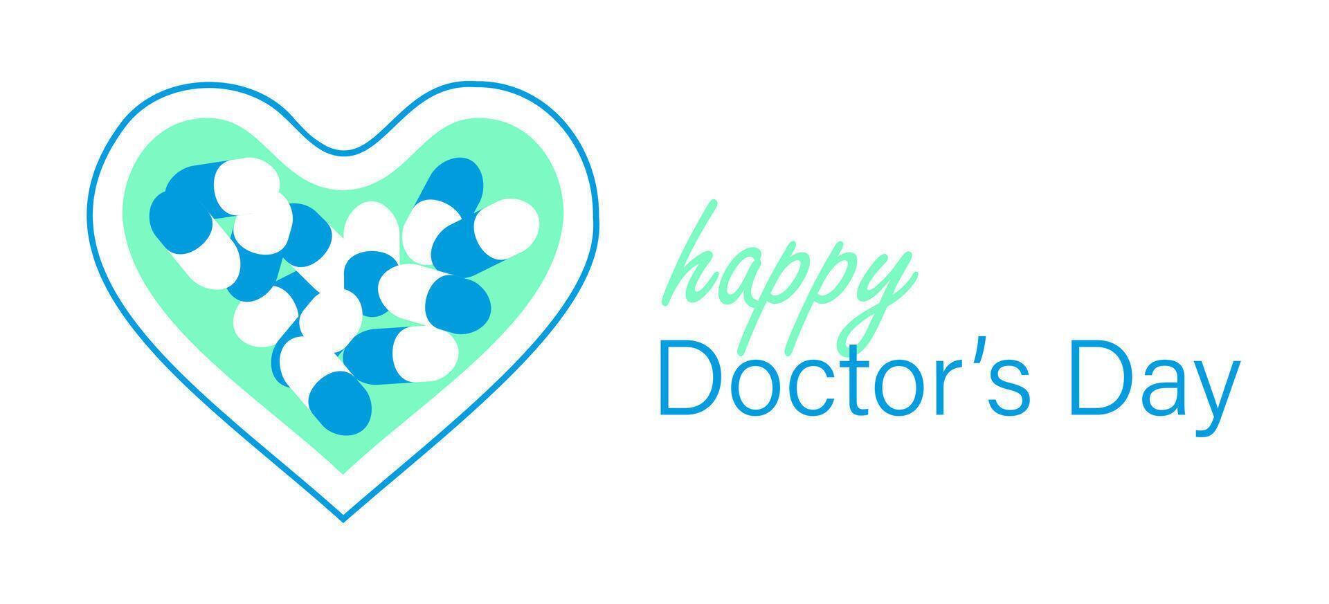 Happy Doctors Day. Pills in heart. Festive event for medical workers and nurses. Profession is to take care of health. Medic. Box for pills, vitamins. Flat design. Color image. illustration vector