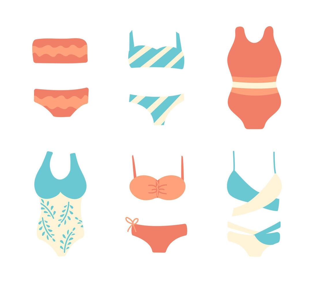 conjunto de mujer nadando bañador. una pieza, dos piezas trajes de baño y bikinis de varios tipos elemento de niña armario. patrones son a rayas, ondulado, tropical sucursales. plano estilo. ilustración vector