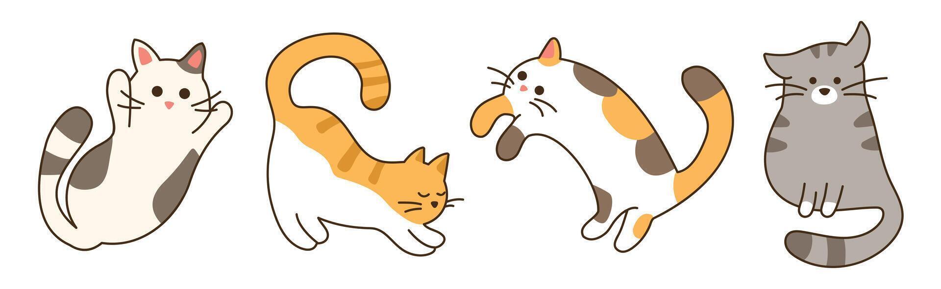 Set of four cute cats. Feline animal Character for children and pet shops. Gray, red, tricolor and tabby kittens. The animal lies, pulls itself up, runs away and sits. Color image. illustration vector