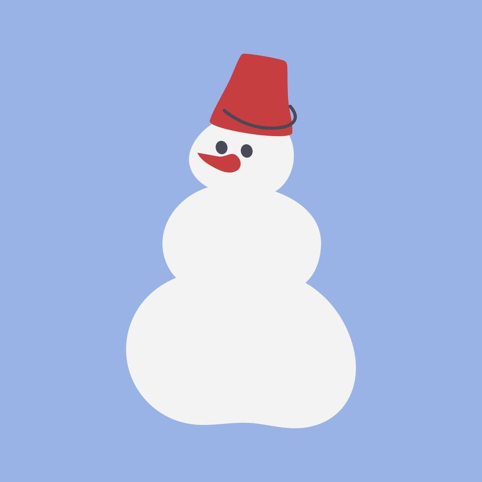 Isolated snowman with bucket and carrot. Fictional Character for a child. Winter New Year's entertainment, sculpting a snowman. Flat design. Color image - red, blue, white. illustration vector