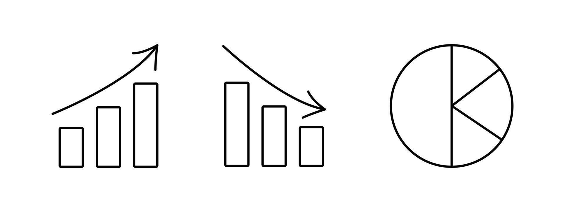 tarta, línea cartas grafico, diagrama. Estadísticas contorno iconos crecimiento tasa. datos visualización. subir y otoño de finanzas, cepo. gráfico representación de datos. flechas contorno ilustración. vector