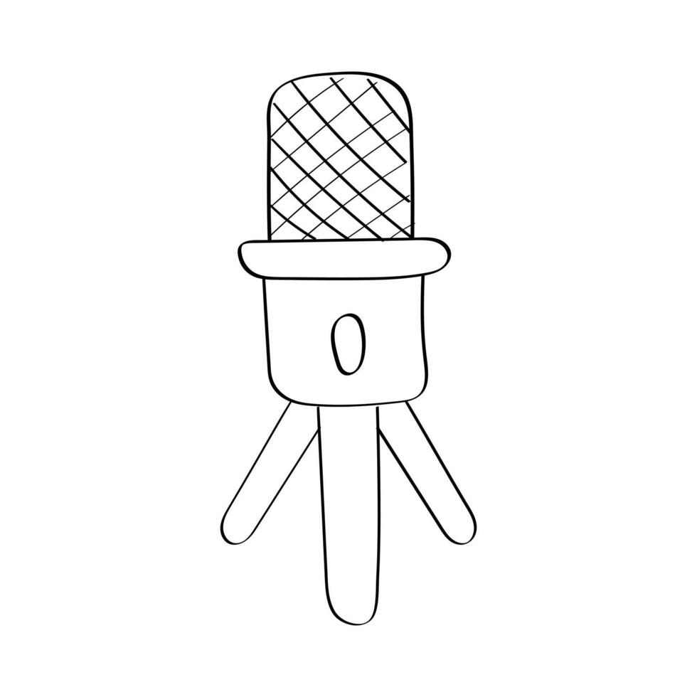 Contour Microphone. Desktop mic on stand, tripod. Professional audio, speech or podcast recording, broadcasting equipment. Isolated on white background. Blogger records. illustration. Doodle vector