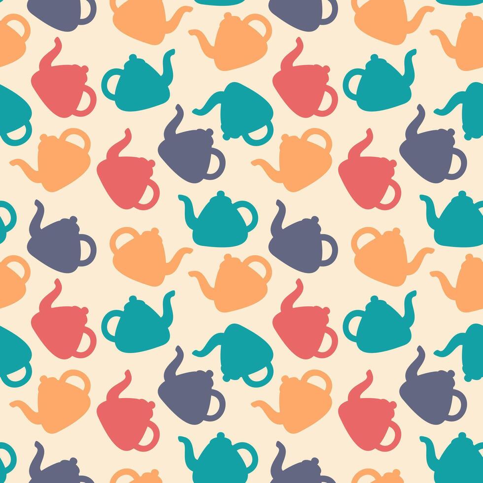 Pattern of multi-colored silhouettes of a teapot. Kettle. Kitchen seamless print for tea party. Kitchenware. Simple view Utensils. Tea ceremony. Color image. Flat design. illustration vector