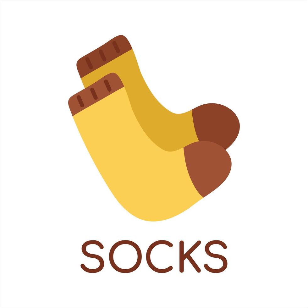 Pair of woolen socks. English word dictionary for children. Learn the language. Warm clothing for feet. Wardrobe. Home cozy clothes. Isolated object. Color image. Flat design. illustration vector