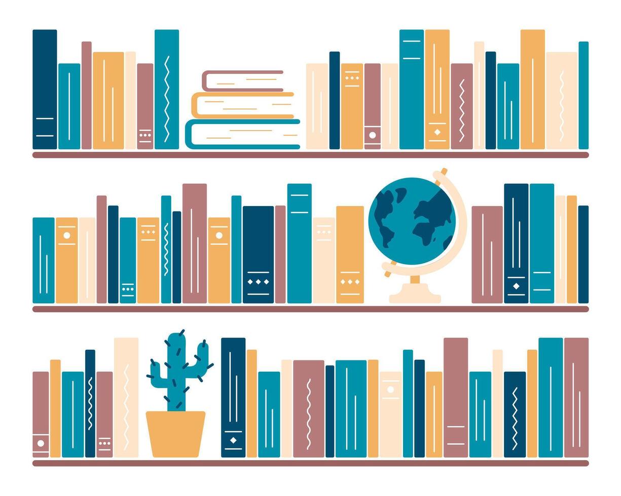 Home library. Bookshelves with globe and cactus. Stack of books and literature. Office interior. Prickly house plant. Planet Earth. Reading, learning. Flat design. Color image. illustration vector