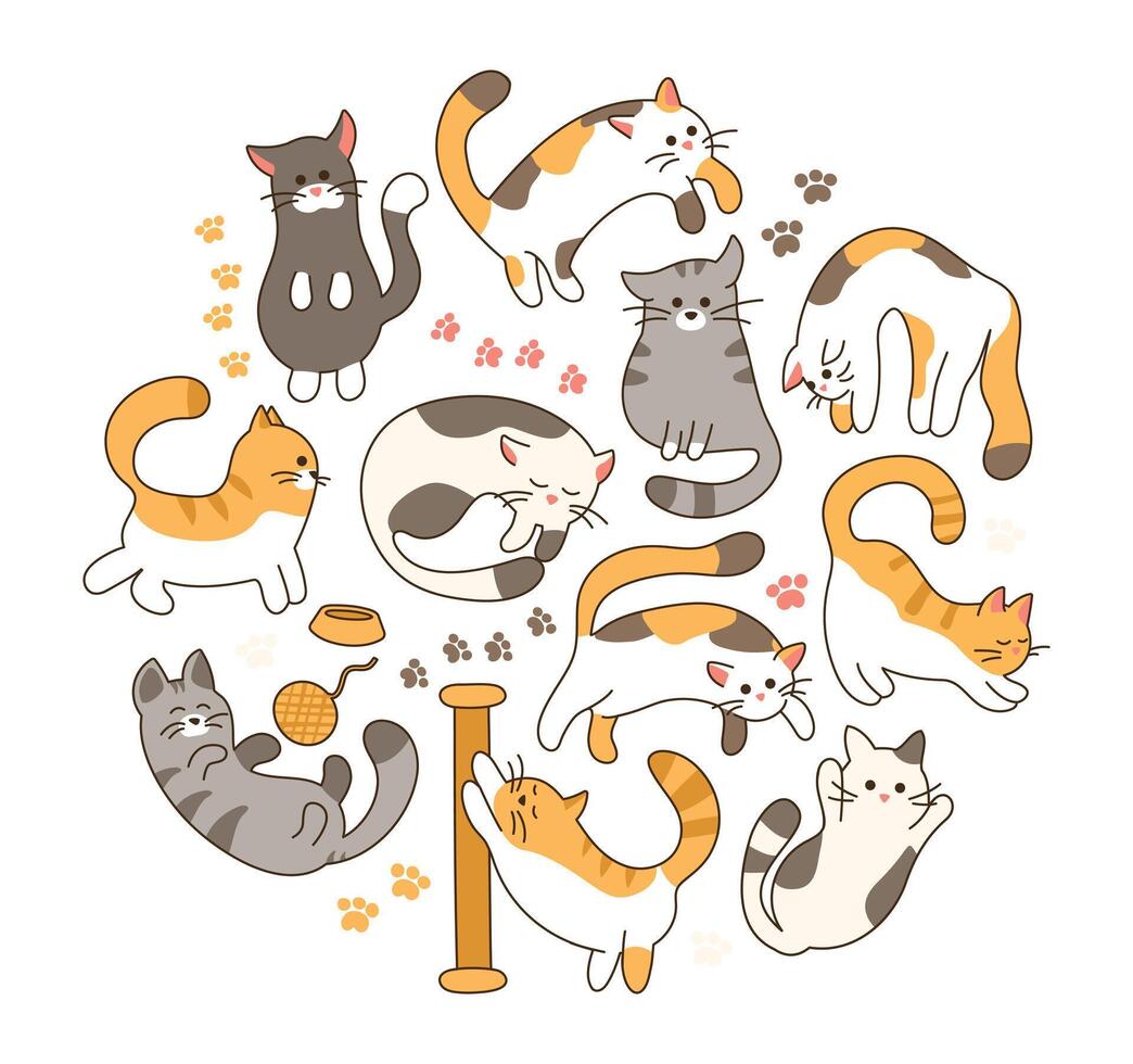 Set of cute domestic Cats different activities. Pets sleep, lie and sit. Plays with a ball, sharpens its claws, asks for food. Footprint, Animal tracks. Kitten characters. Color illustration. vector