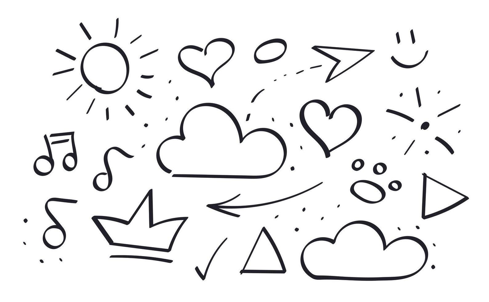 Doodle Set of symbols. Sun, clouds. Heart and crown. Arrows, footprint. Notes. illustration. Hand drawn. Smiling emoticon. Geometric shapes - triangle, circle, check. Music, weather and love. vector