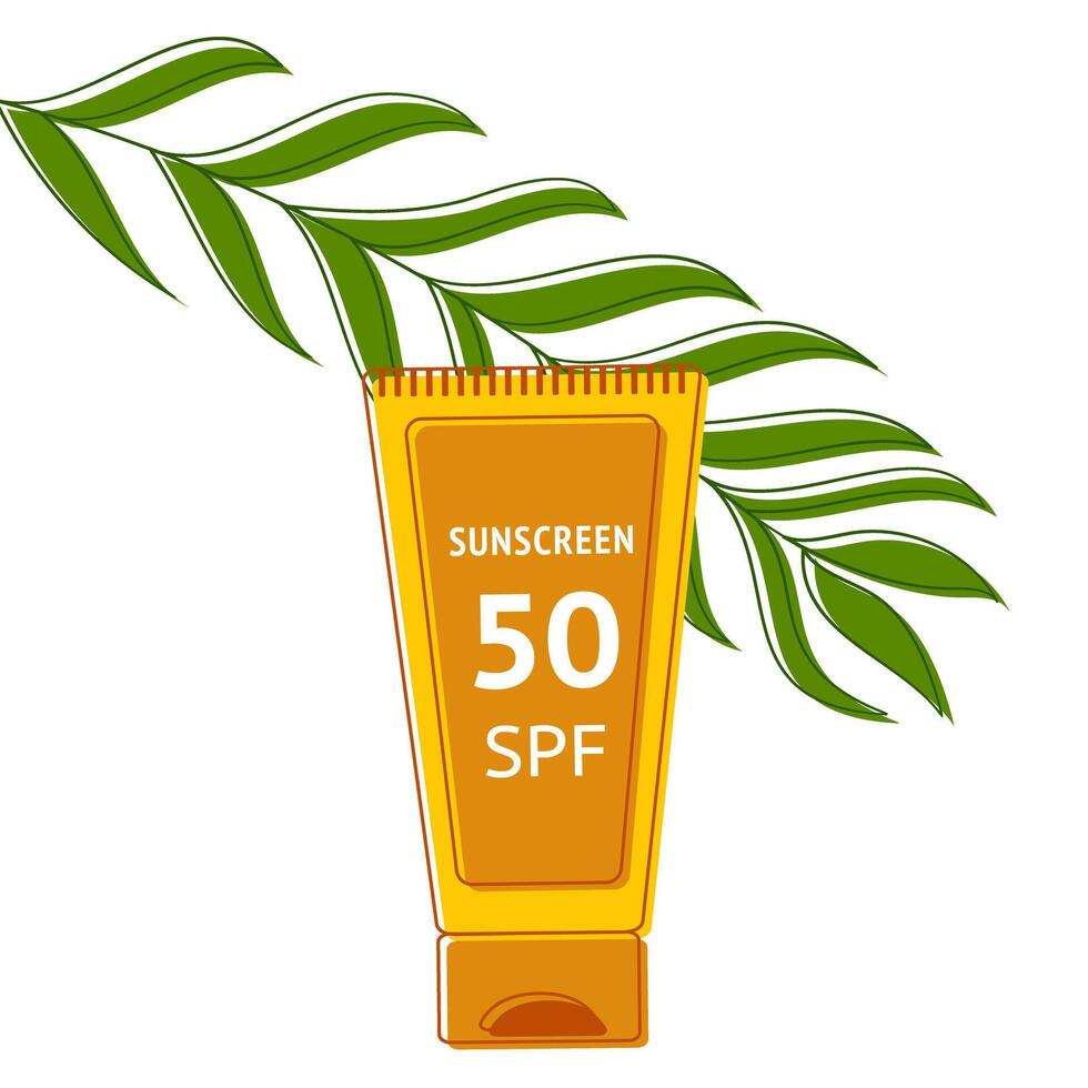 Sunscreen SPF 50, tropical leaf for ad banner. Tube of summer cosmetics. Sun lotion. Skin protection. Sunblock product. Color outline image on white background. Isolated. Flat. illustration vector