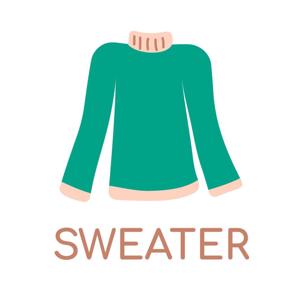 Knitted wool sweater. English Word dictionary for children. Learn language. Warm winter clothes. Long-sleeved jacket. High collar. Cloth. Isolated object. Color image. Flat design. illustration vector