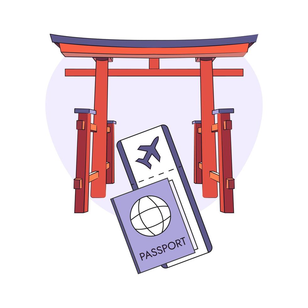 Torii, Passport, Plane ticket. Trip to Japan. Travel to Asia. Eastern religious landmark - Red Gate, entrance to the temple. Flight, Foreign document. Vacation, rest. Color image. illustration vector