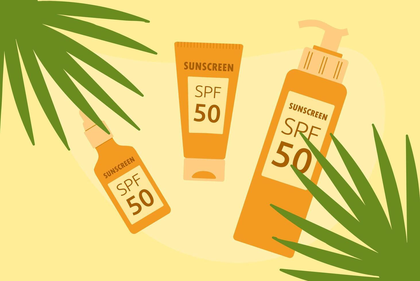 Sunscreen Palm Leaves sand. Marketing Banner. Protective Sunscreen Cream, SPF 50. Various Tubes summer cosmetics. UV protection. Skin care. Tropical plant. Flat style. Color image. illustration vector
