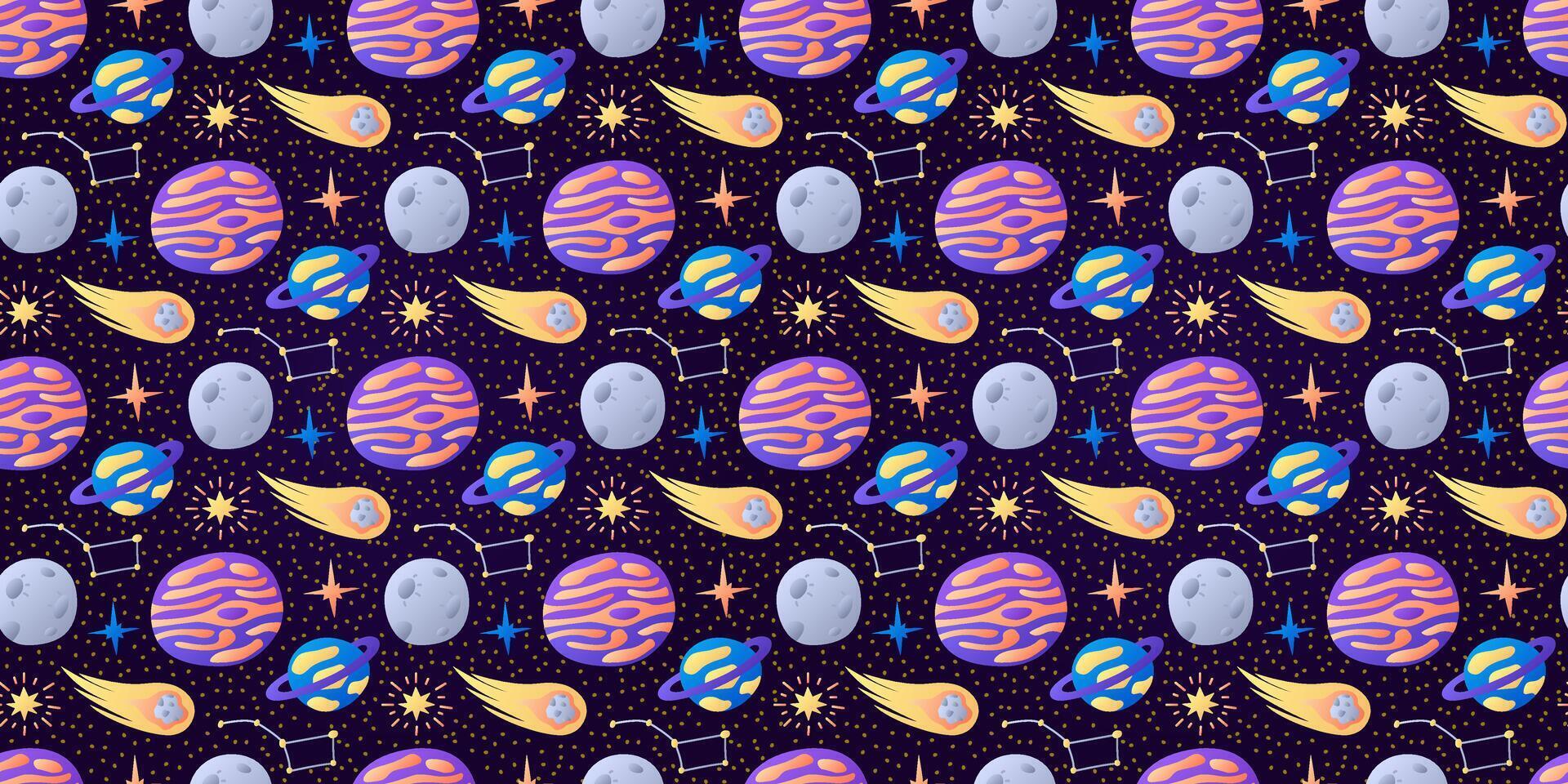 Cosmic childish pattern on dark background. Flying Comet, strange Planets. Moon, stars. Constellation Ursa Major. Space. Seamless Galaxy print. Wrapping for kids. Gradient colors. illustration vector