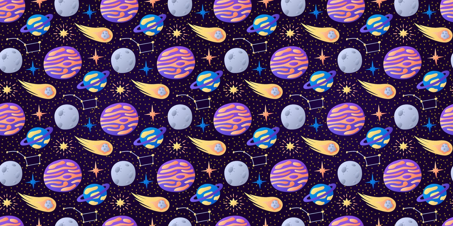 Cosmic childish pattern on dark background. Flying Comet, strange Planets. Moon, stars. Constellation Ursa Major. Space. Seamless Galaxy print. Wrapping for kids. Gradient colors. illustration vector