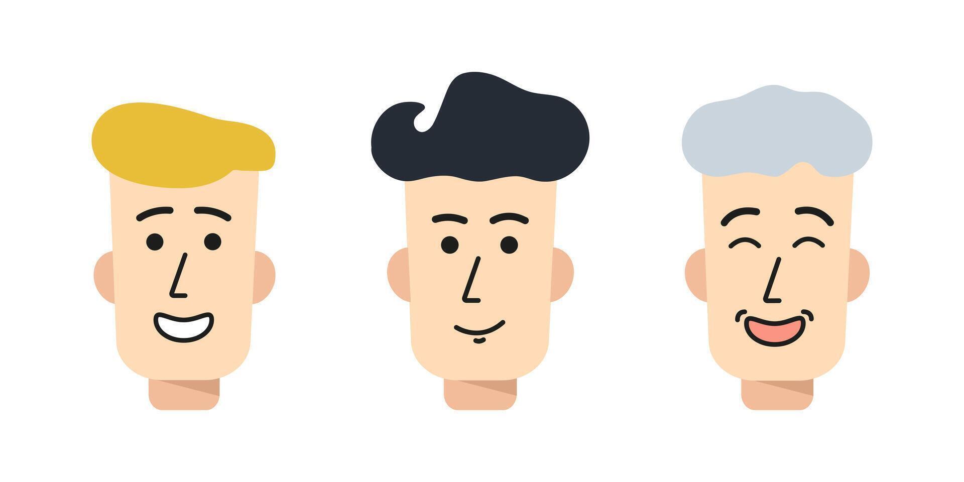 Avatars of men. Head Boy, young guy, old man. Collection Face of smiling characters. Male people. Set of Portraits with positive emotions. Flat style. Color image. Isolated. illustration vector